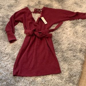 Burgundy sweater dress, with tie belt.
